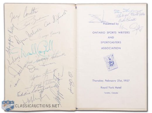 1957 Sports Celebrities Dinner Program Autographed by 22 with Smythe, Day, Tiny Thompson & More