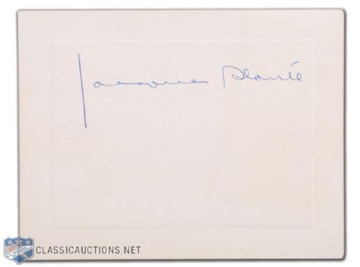 Beautiful Jacques Plante Blue Ballpoint Autograph and Vintage Canadiens Postcard