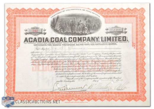 1914 Stock Certificate Signed by Deceased HOFer Sir Montagu Allan