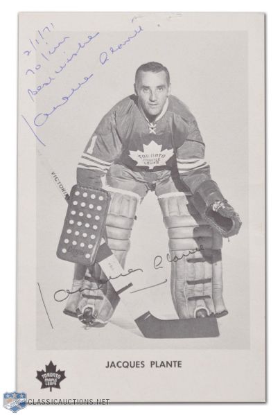 Deceased HOFer Jacques Plante 1971 Signed Maple Leafs Postcard