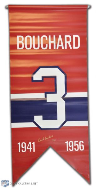 Emile Bouchard and Elmer Lach Signed Montreal Canadiens Jersey Number Retirement Banner Collection of 2 (20" x 47")