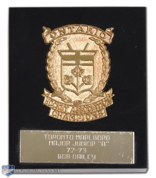 Bob Daileys 1972-73 Toronto Marlboros OHA Championship Award