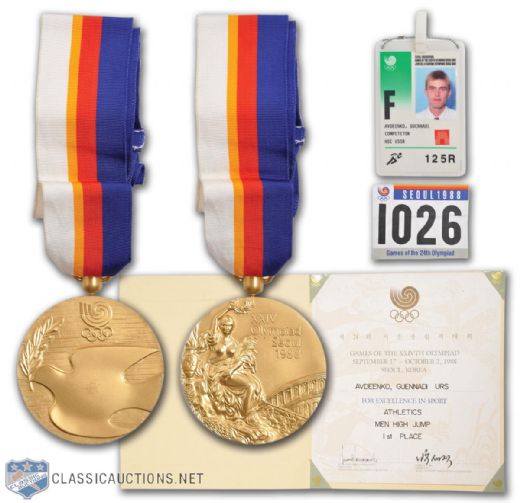 Gennadiy Avdeenkos 1988 Seoul Summer Olympics High Jump Gold Medal, Winners Diploma,<br>Athletes ID Pass and Bib Number