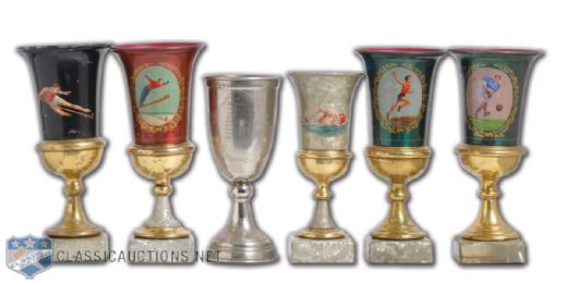 Collection of 6 Vintage Russian Painted Trophy Cups