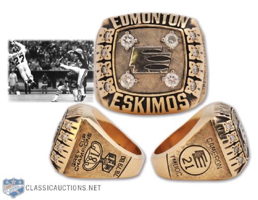 Gordon Camerons 1981 Edmonton Eskimos Grey Cup Championship 10K Gold Ring