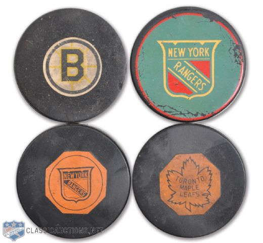 Andy Bathgates Hockey Puck Collection of 4, Including "Original Six" Leafs and Rangers
