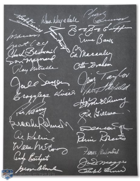 Andy Bathgates Charity Golf Tournament Large Sheet Signed by 30 Sports HOFers Featuring DiMaggio, Graham, Geoffrion, Sayers & More!