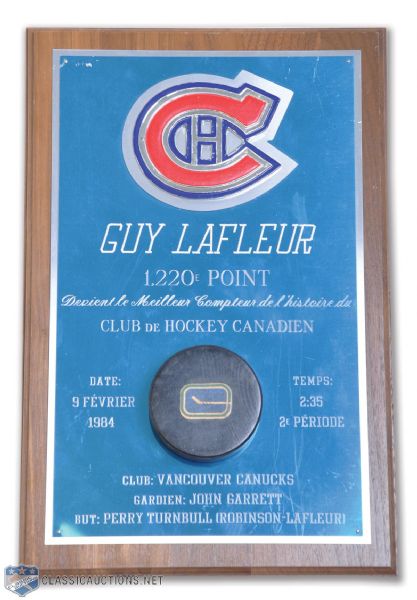 Guy Lafleurs 1984 "Highest Scorer in Montreal Canadiens History" 1,220th Point Plaque