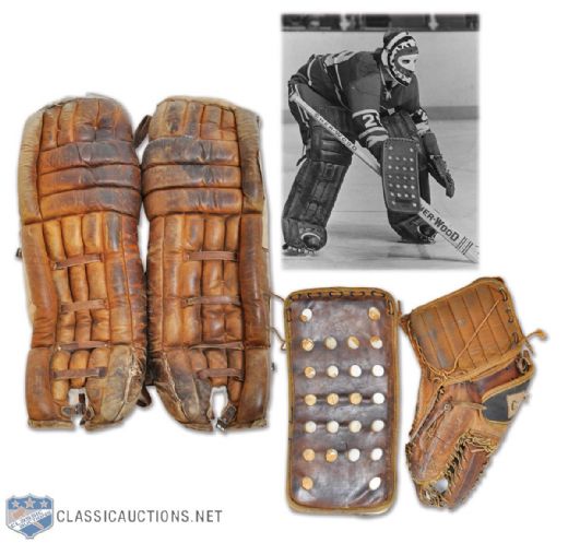 Mid-1970s Montreal Canadiens Game-Used Cooper Pads, Gloves & Blocker Attributed to Ken Dryden