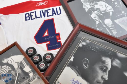 Jean Beliveau Signed Montreal Canadiens Jersey, Frames (3) and Pucks (4)