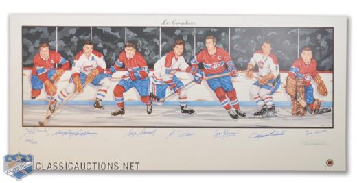 Montreal Canadiens Lithograph Autographed by 7 HOFers, Including Richard, Beliveau & Lafleur (18" x 39")
