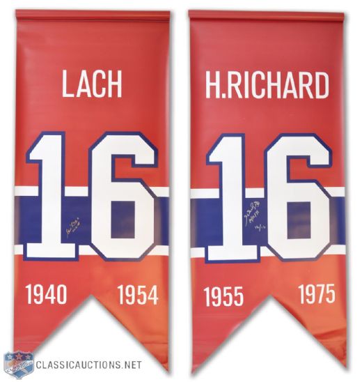 Henri Richard and Elmer Lach Signed Montreal Canadiens Jersey Number Retirement Banner Collection of 2 (20" x 47")