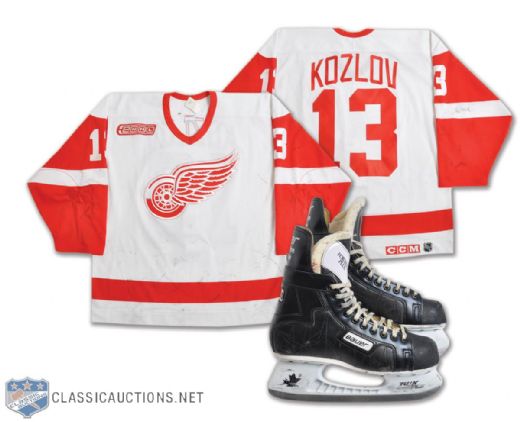 Vyacheslav Kozlovs 1999-2000 Detroit Red Wings Game-Worn Jersey and Game-Used Skates