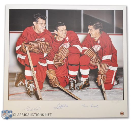 Detroit Red Wings Production Line Lithograph Autographed by Howe, Abel and Lindsay (27" x 29")