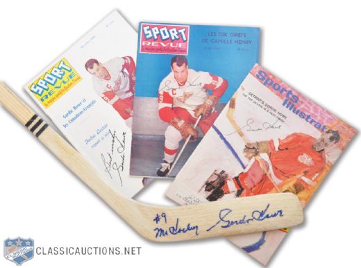 Gordie Howe Autographed Hockey Stick and Magazine Collection of 4