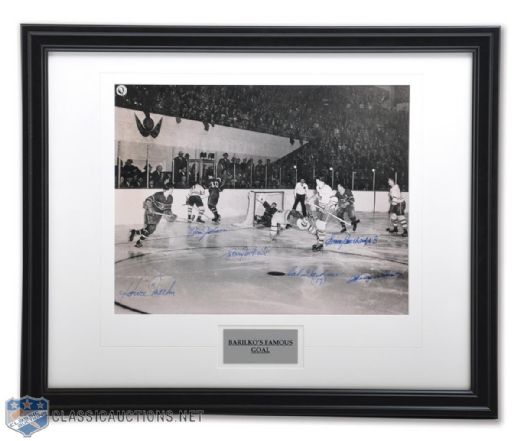 Multi-Signed Leafs/Canadiens Framed Photo of Bill Barilkos Famous 1951 Goal