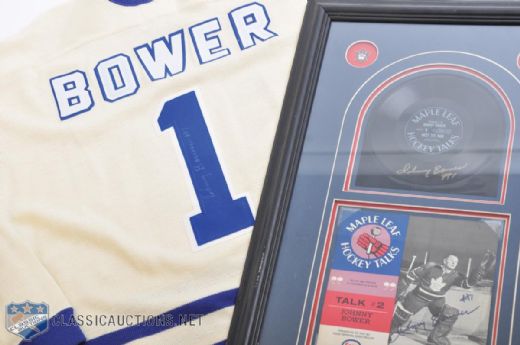 Johnny Bower Signed Framed Maple Leafs Hockey Talks Record & Maple Leafs Heritage Jersey