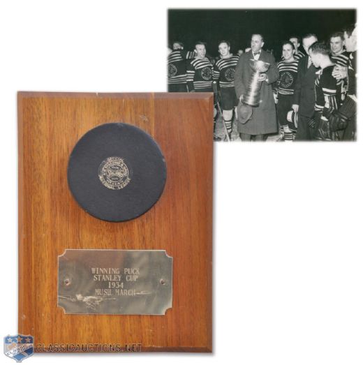 Mush Marchs 1934 Chicago Black Hawks Stanley Cup-Winning Double Overtime Goal Puck