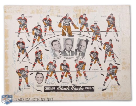 Chicago Black Hawks 1946-47 Team Picture Autographed by 14, Including Bentley Bros. and Mosienko