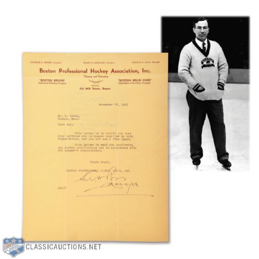 Art Ross Autographed 1931 Boston Bruins Letterhead to Ronald "Peaches" Lyon