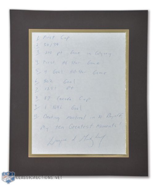Unique Wayne Gretzky Signed "My Ten Greatest Moments" Sheet