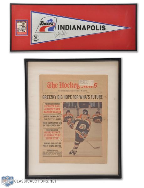 Wayne Gretzky Indianapolis Racers Signed Pennant and Card Framed Display and 1978 Hockey News