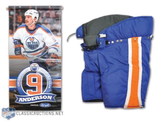 Glenn Andersons 1980s Edmonton Oilers Signed Game-Worn Pants and Signed Rexall Place Banner