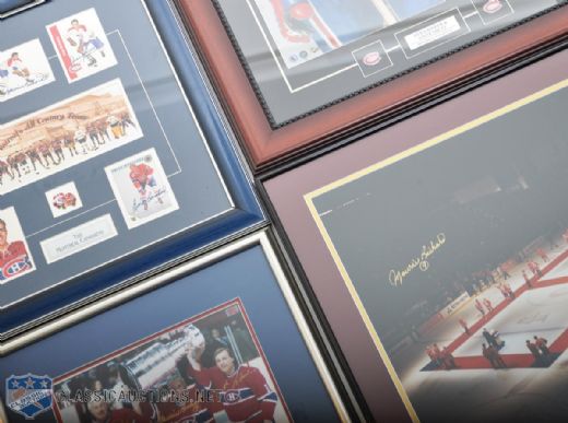 Montreal Canadiens Multi-Signed Frame Collection of 4 with Richard, Lafleur and Beliveau Plus 9 Signed Pucks