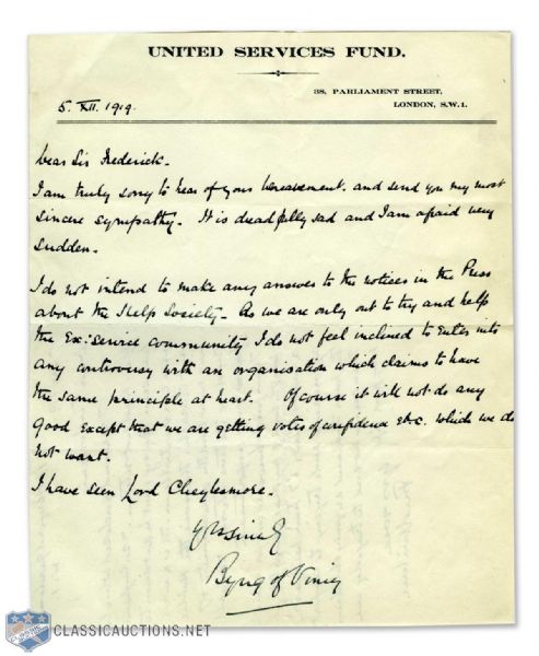 1919 Lord Byng Handwritten Signed Letter