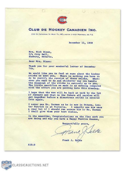 HOFer Frank Selke Autographed 1958 Letter on Montreal Canadiens Letterhead