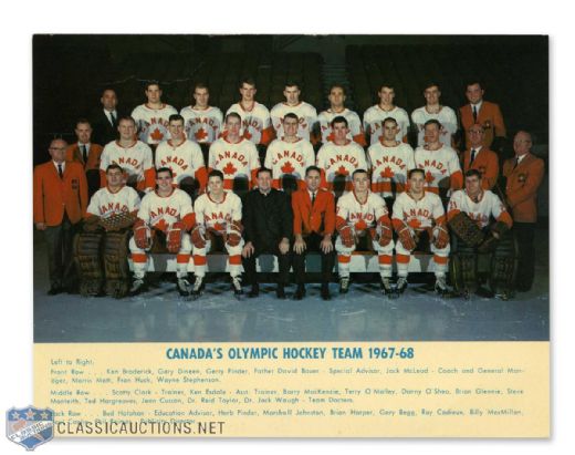 1967-68 Canada Olympic Hockey Team Multi-Signed Postcard with Deceased HOFer Father David Bauer