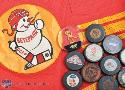 Vintage 1980s Soviet Union Izvestia Trophy Jersey, 1972 Canada Paperweight  and Pucks (10)