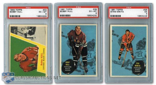 1961-62 Topps #29 Hull & #36 Mikita and 1963-64 Topps #33 Hull PSA-Graded Cards