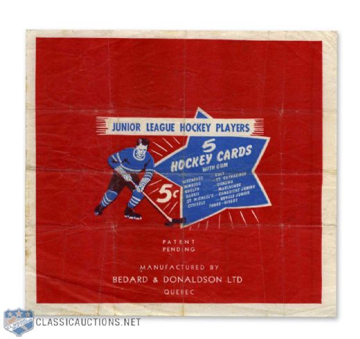 1952-53 Juniors Blue Tint Hockey Card Wrapper - Only One Known