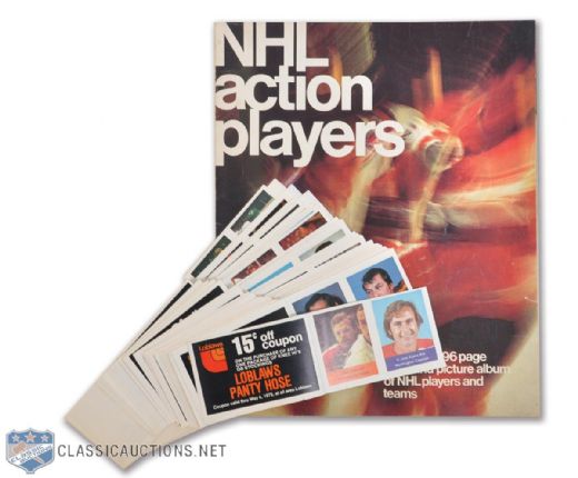 1974-75 Loblaws Action Players Complete Stamp Set in Panels With Album