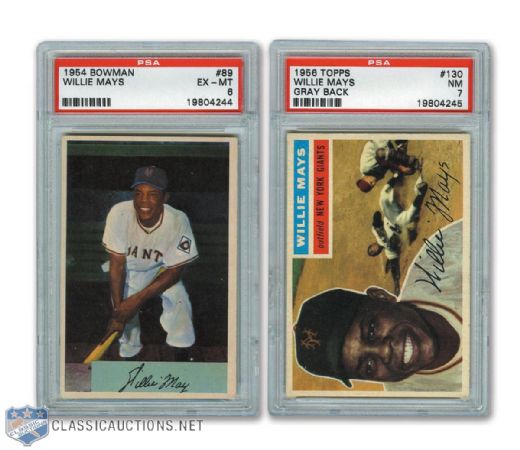 1954 Bowman #89 and 1956 Topps #130 HOFer Willie Mays PSA-Graded Cards