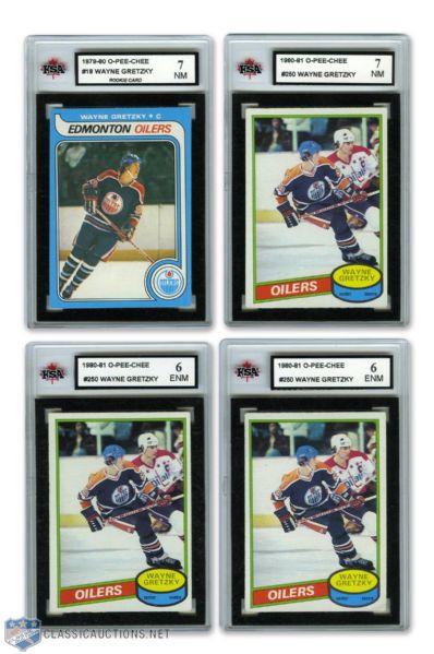 1979-80 O-Pee-Chee HOFer Wayne Gretzky RC and (3) 1980-81 OPC Gretzky Cards - All KSA-Graded