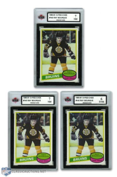 1980-81 O-Pee-Chee #140 HOFer Raymond Bourque RC KSA-Graded Card Collection of 3