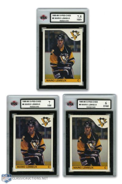 1985-86 O-Pee-Chee #9 HOFer Mario Lemieux RC KSA-Graded Card Collection of 3