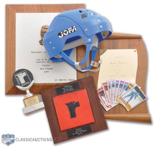 Real Cloutiers Signed Quebec Nordiques Game Worn Helmet, Plus Trophy and Plaque Collection of 4
