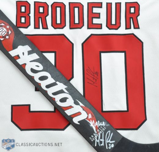Martin Brodeurs Signed Game-Used Heaton Stick and Signed New Jersey Devils Jersey