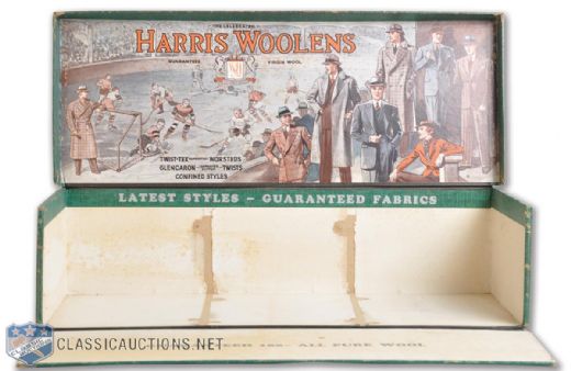 Early-1900s Harris Woolens Sample Box with Hockey Scene
