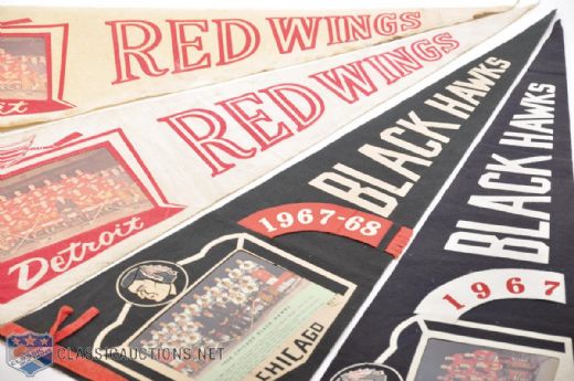 Mid-1960s Chicago Black Hawks & Detroit Red Wings Team Photo Pennant Collection of 4