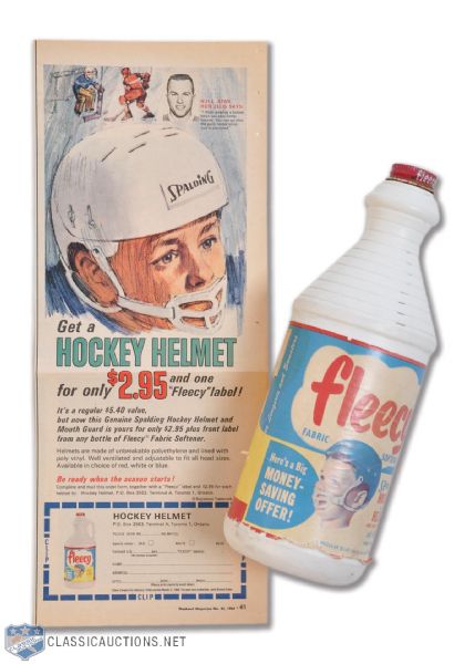 1965-66 Fleecy Spalding Hockey Helmet Offer Bottle and Newspaper Ad