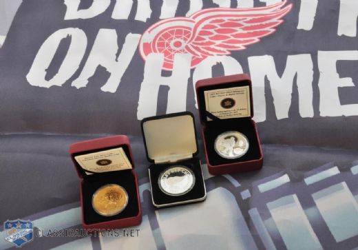Joe Louis Arena 2000 Playoffs Banner and Various Silver Coins (3) Collection