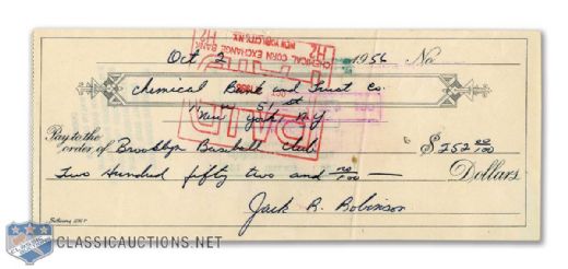 1956 Jackie Robinson Signed Cheque to the Brooklyn Dodgers
