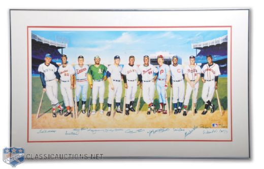500 Home Run Club Autographed Lithograph Signed by 11 Hall of Famers, Including Williams and Mantle
