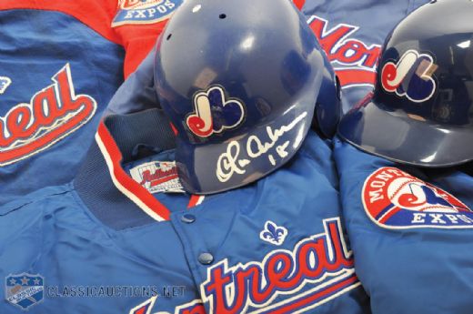 Montreal Expos Jackets (3) and Game-Used Batting Helmets (2), Including Signed Orlando Cabrera