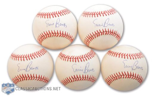 Ernie Banks Single Signed Baseball Collection of 5 - Ex-Barry Halper Collection