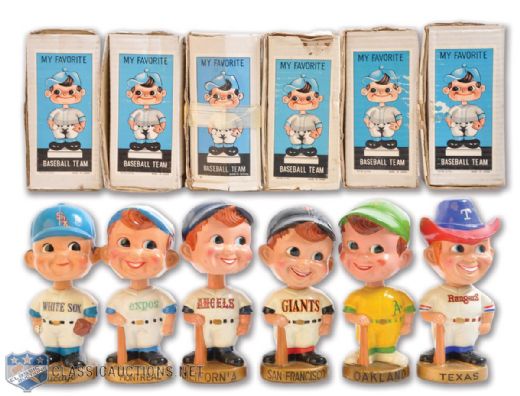 Late-1960s Baseball Bobbing Head Doll / Nodder Collection of 6 in Boxes